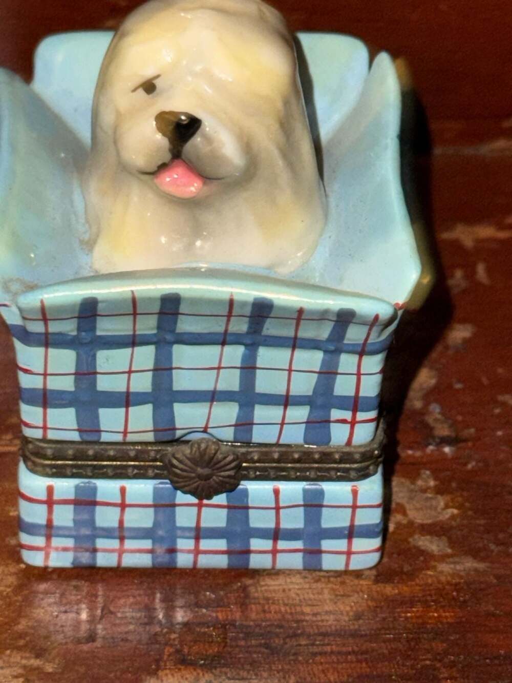 Merrymac Collection Dog In Plaid Bed Trinket Box